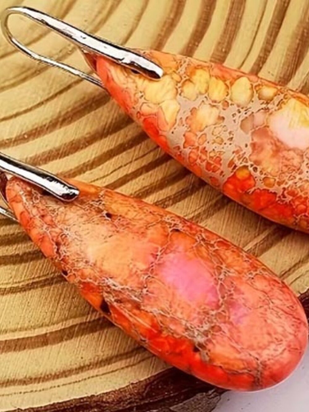 ORANGE CORAL W/ GOLDEN MATRIX STONE TEARDROP EARRINGS N